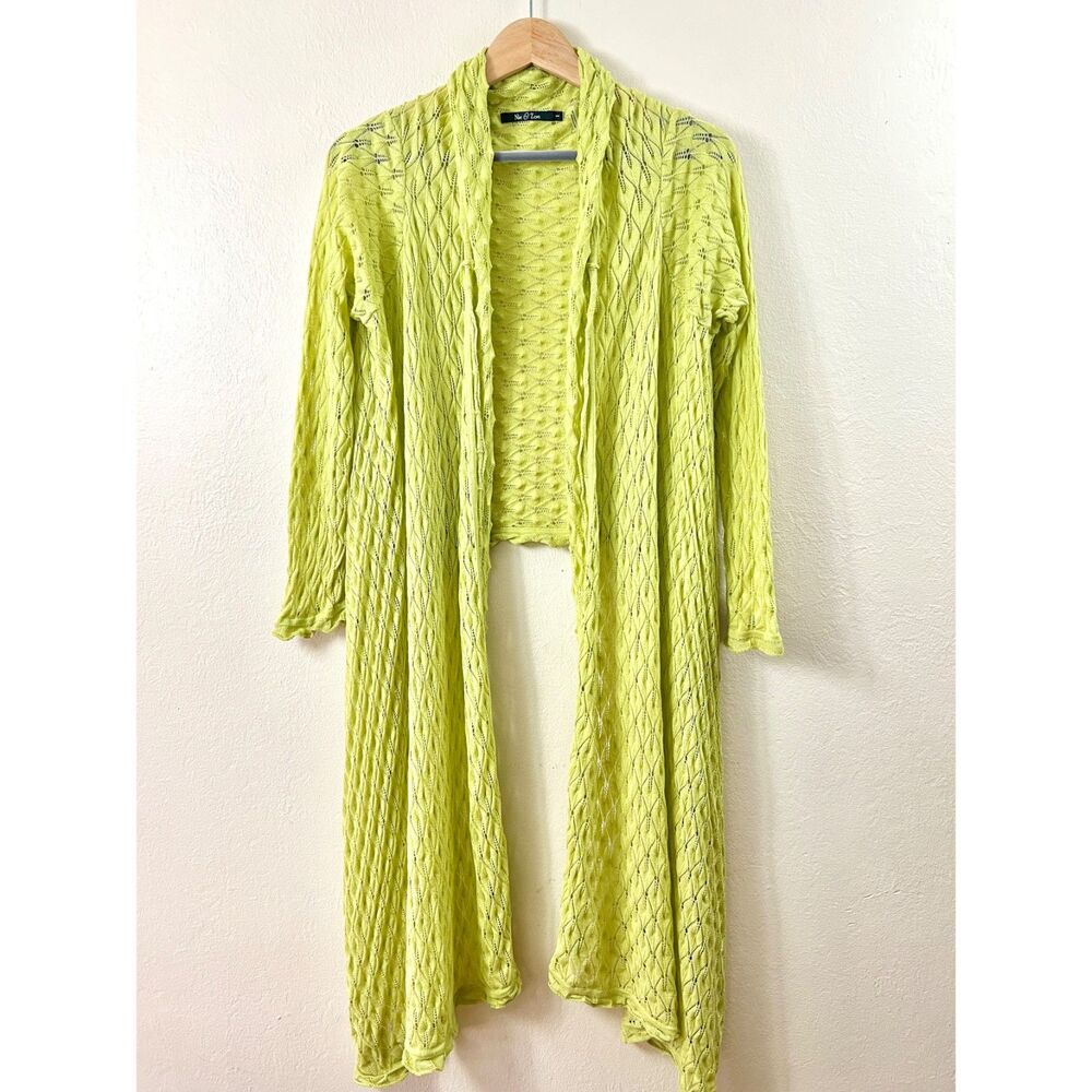 NIC+ZOE Lime Green Openwork Pointelle Long Duster Cardigan Sz 1X / Grunge Fairy